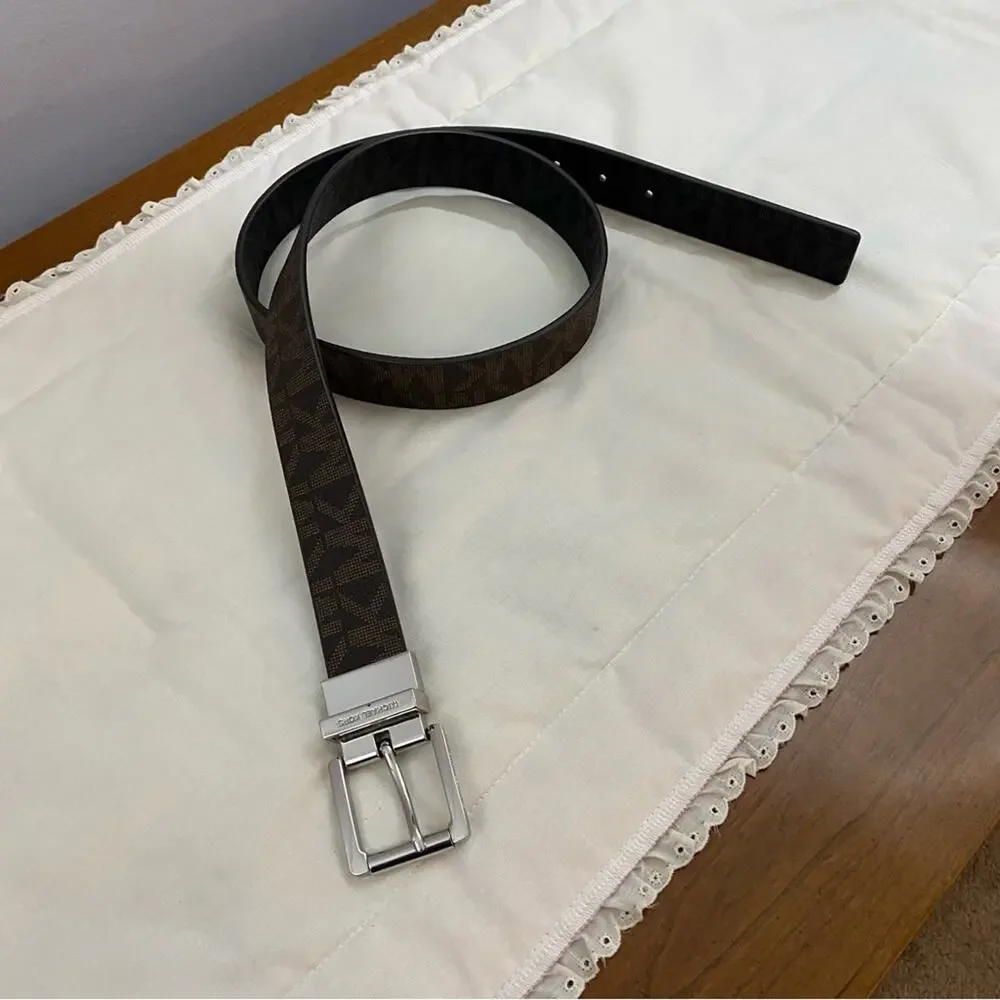Michael Kors Reversible Belt Logo Signature Belt Brown Black Chrome Buckle Large